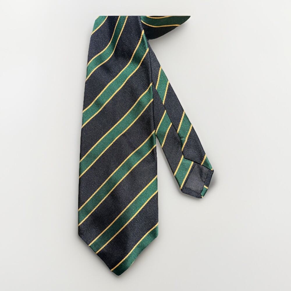 Vintage Mitsukoshi Necktie 100%. Silk Navy blue & Green Striped 1966 Japan Made